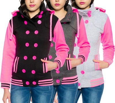 Damen Übergangsjacke Lang Mantel Jacke Hoodie Kapuze Fleece Sweatjacke Neon Pink
