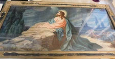 25-677 Vintage Jesus Litho Art Under Glass Ornate Gilded Wood Frame Gethsemane