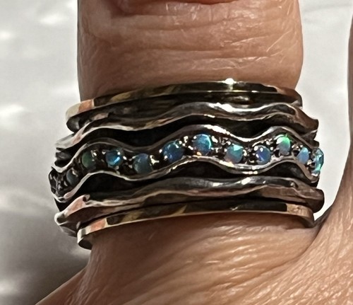Anillo giratorio de ópalo azul oro 14K plata de ley 925 nuevo sin etiquetas talla 7 Israel - Imagen 6 de 7