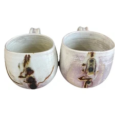 Japanese Style Tea Coffee Mugs Cup Set Pottery Artisan Hand Made Flat Faced (2)