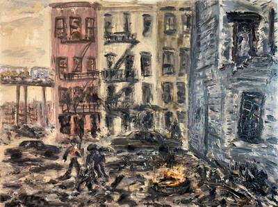 GANGSTERS BEATING A MAN IN AN ABANDONED LOT Arthur Robins New York Cityscape car