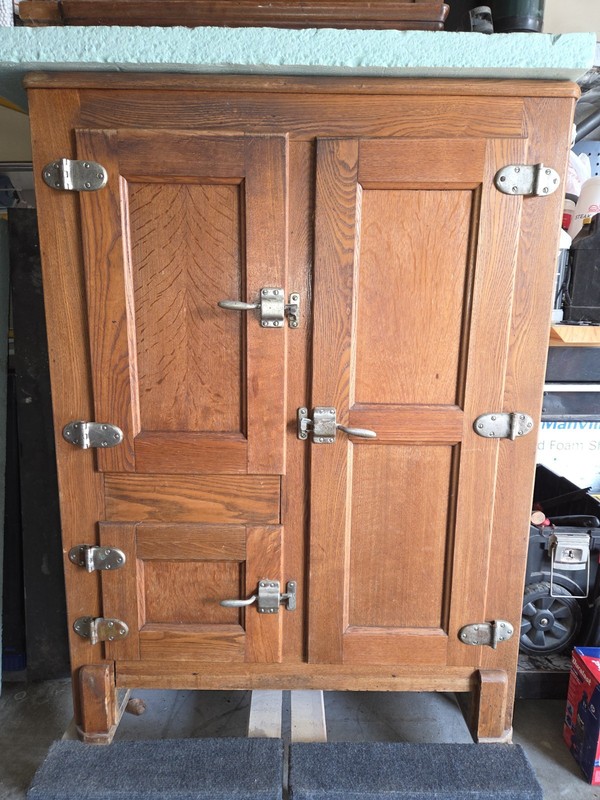 3 Door Vintage Oak Ice Box Chest. Quarter Sawn Oak 1910 Porcelain Lined Doors 