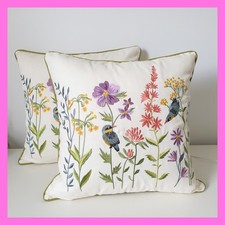 Embroidered Floral Throw Pillow Cushion Covers 18x18 Set Spring Summer Birds