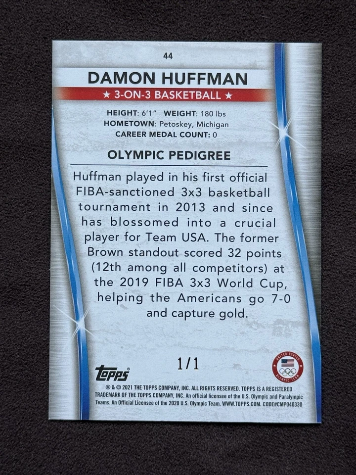 Damon Huffman #44 FoilFractor 1/1 2020 Topps US Olympics Paralympics Basketball - Image 2 of 2