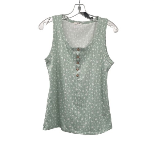 P.S. Kate Womens Floral Tank Top Green/White Buttons Size Small