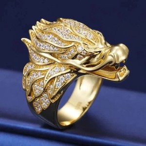 Authentic Men Dragon Face Pinky Ring 4CTW Natural Moissanite 14K Yellow Gold Plated Silver