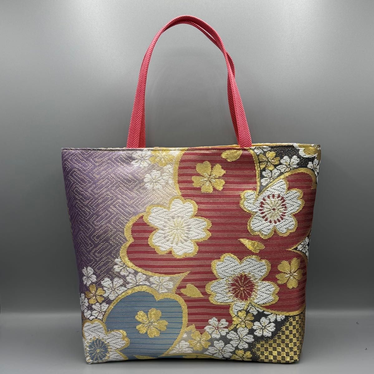 Japanese Kimono Silk Obi Tote Bag Handmade with Gold Pink Blue Sakura Mai Design