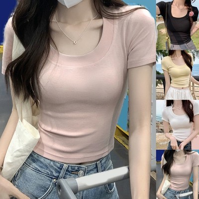 Leichtes schmales kurzärmliges Damen-T-Shirt mit U-Ausschnitt für Sommeraktivitäten