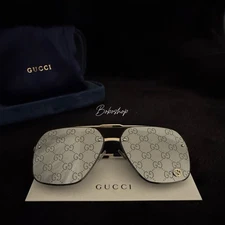 Gucci GG1676S Gold Aviator Sunglasses Silver Mirror Monogram Lens 61mm