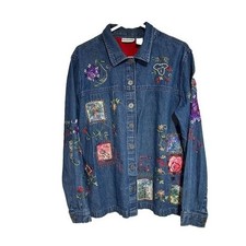 Breckenridge Vintage Embroidered Denim Jacket Unique Floral Design Size Large