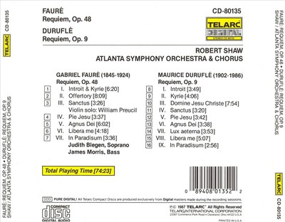 FAUR : REQUIEM, OP.48; DURUFL : REQUIEM, OP.9 NEW CD