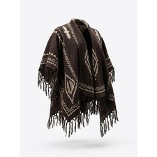 Vintage American Blues Womens Brown Aztec Tribal Fringe Poncho Shawl Wrap