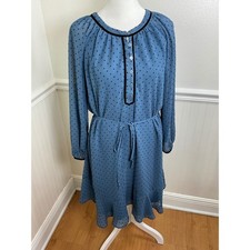 LOFT Dress Blue Black Dot Long Sleeve Tie Waist Lightweight Women Size S