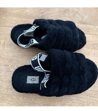 Women s Black Platform Ugg Fleece Houseshoes with Black White Logo Backstrap
