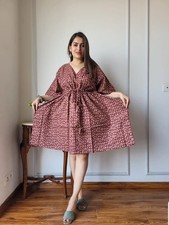 Hand Block Printed Short Pure Cotton Kaftan: Floral Print, Adjustable Drawstring