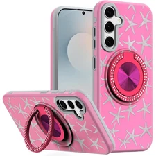 For Samsung S25 FE Case Printed Design with Bling 360 Stand + Tempered Glass