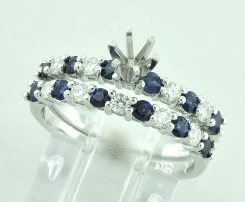 Ensemble de bagues diamant 1,37 ct 14 carats or blanc massif bleu saphir naturel semi-monture  - Photo 1 sur 5
