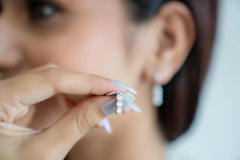 0.40Ct White Round Cut Moissanite 3 Tear Drop Earring In Solid 14K White Gold - Image 4 of 4