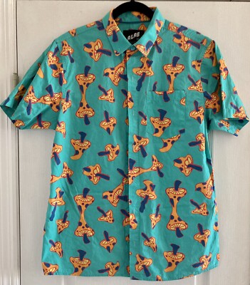 Groovy A Lab Teal Blue Green Mushroom   Fungi Short Sleeve M Buttondown Shirt
