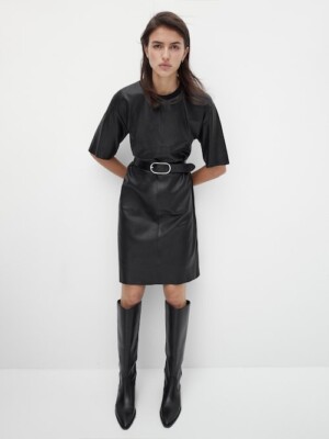Massimo Dutti Black nappa leather short sleeve dress Size S NEW | eBay