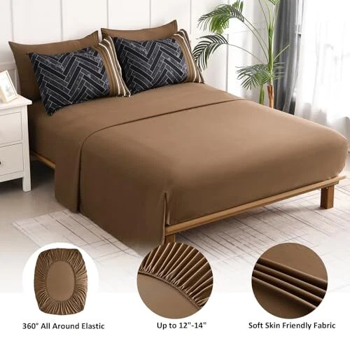  Juego de edredón tamaño, 7 piezas cama geométrica a rayas en una bolsa, suave marrón queen Foto 4 de 4