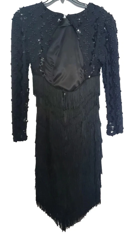 Винтажное платье 80-х размер 9 10 средний бахрома блестки черный вечеринки Flapper официальный 90-х - Изображение 2 из 4