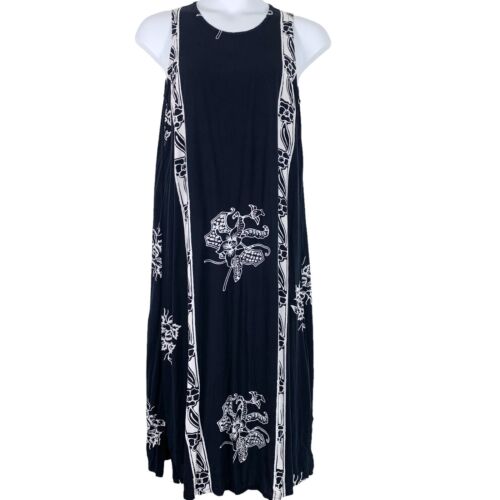 Hilo Hattie Size Medium Midi Dress Hawaiian Floral Print Navy Blue White Tank