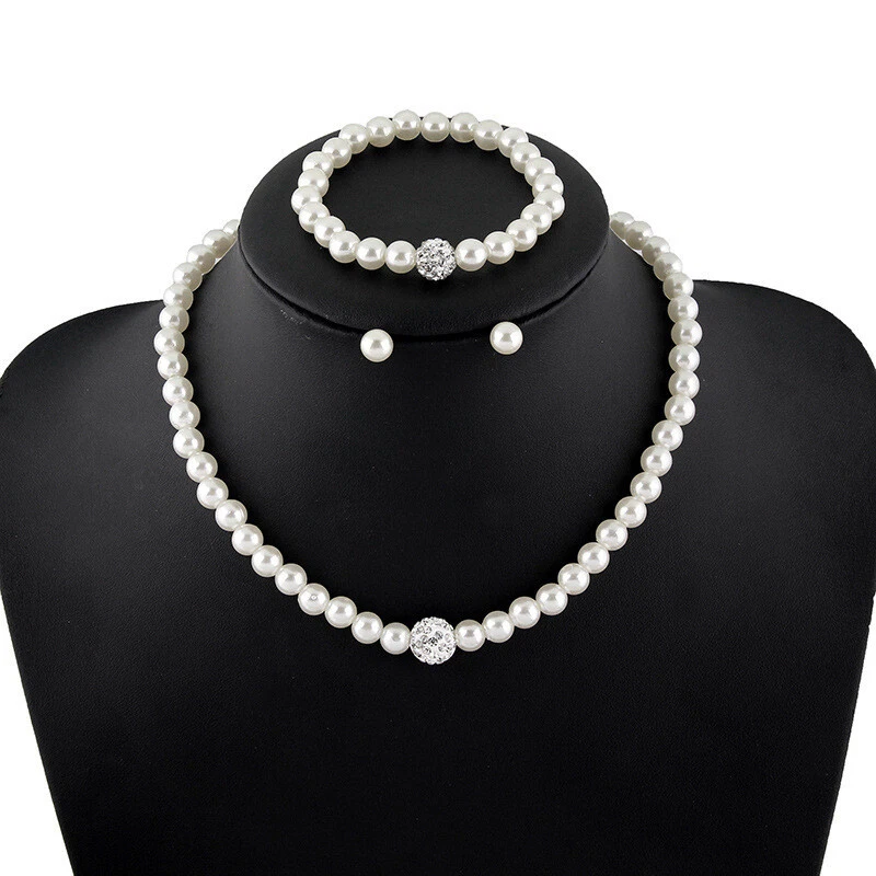 Womens Bride Wedding Set Rhinestone Faux Pearl Necklace Bracelet