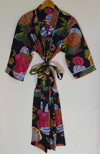 Langes indisches Baumwoll-Kimono-Kleid Blumendruck Baumwolle Hippie Maxi Damen Nachtwäsche - Bild 3 von 6