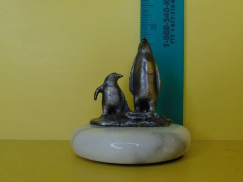 Pewter Penguin Figurine on Marble Base Penguin Pair Parent Child Penguin - Picture 1 of 8