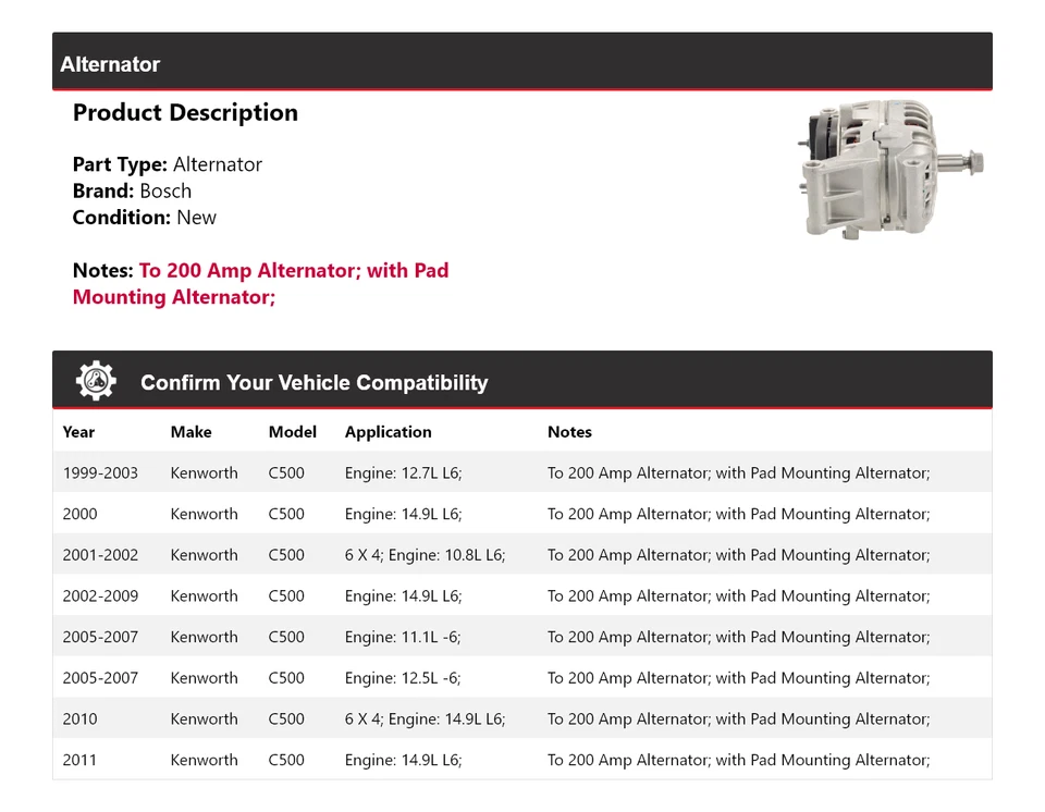 For 1999-2011 Kenworth C500 Bosch Alternator (New) 2000 2001 2002 2003 2004 2005 - Imagem 2 de 4