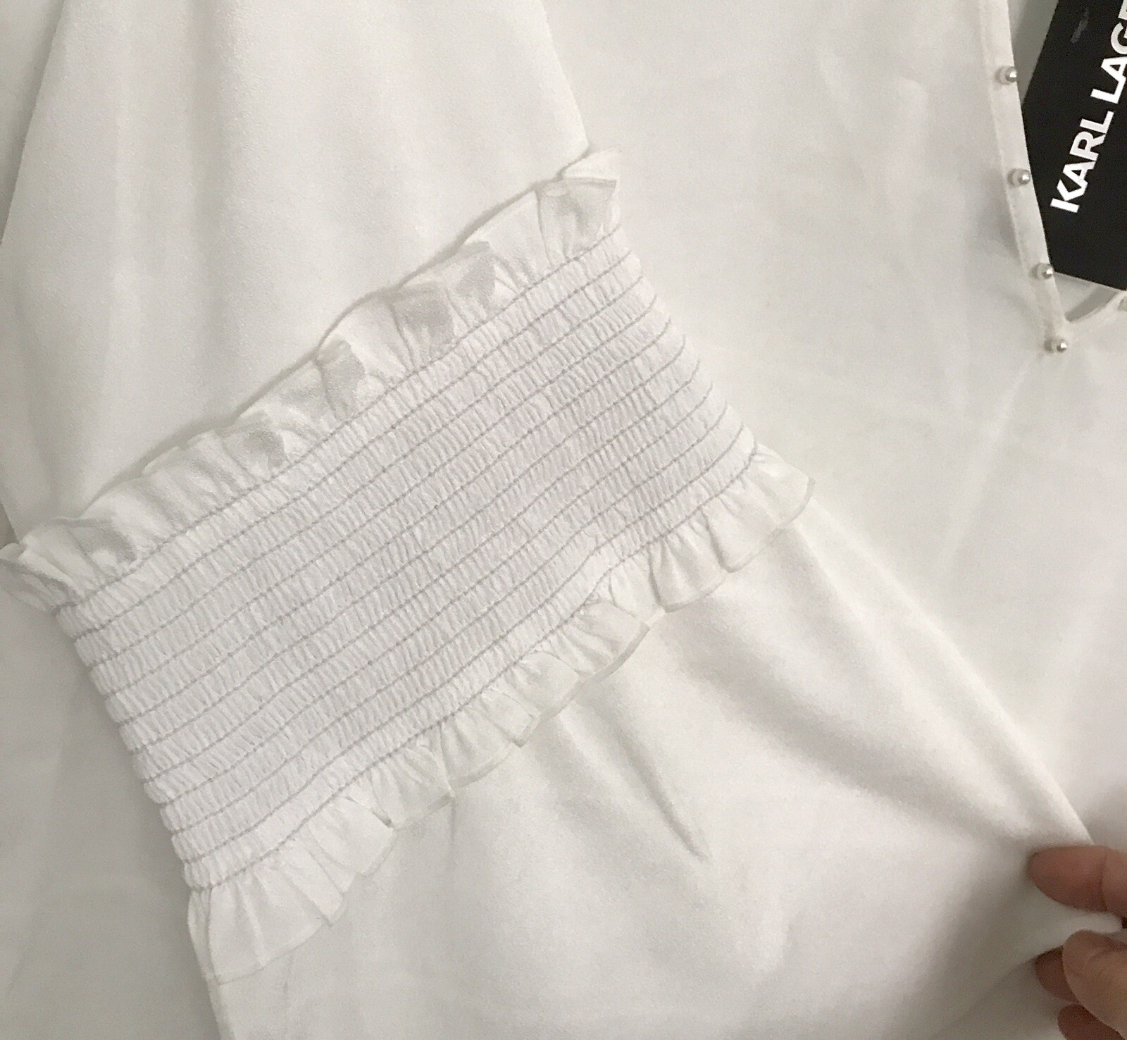 Karl Lagerfeld Women’s White Sheer Top, Pearl Accent Around Neck,Medium