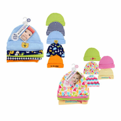 5 PACK Baby Infant Assorted Caps Hats Set 100% COTTON 0-6 Mo Boys, Girls BL , PK
