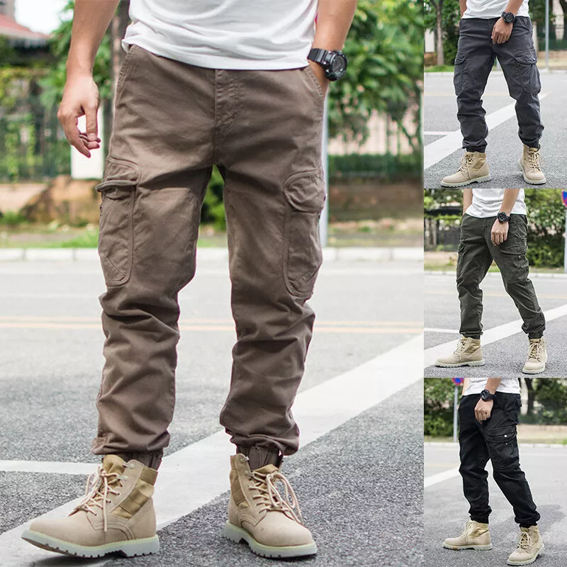 Men Cargo Combat Joggers Pants Tapered Sports Work Trousers Side Pocket