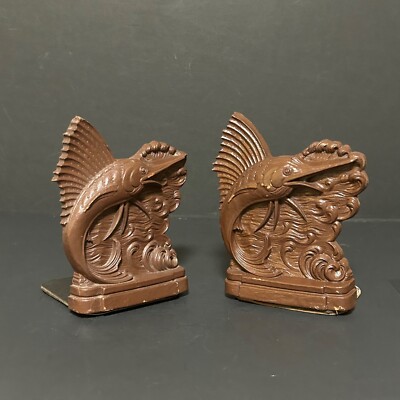 Pair of Vintage Syroco Orna Wood Bookends Swordfish/Sail Fish Jumping 1950's Era