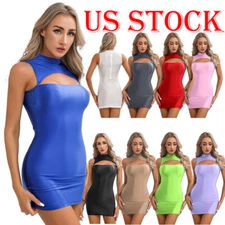 Women's Glossy Smooth Pencil Dress Solid Cutout Bodycon Dress Zipper Clubwear