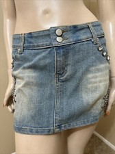 Women  s Blue Denim Cotton Casual Summer Stretch Beaded Embroidered Size L Skirt