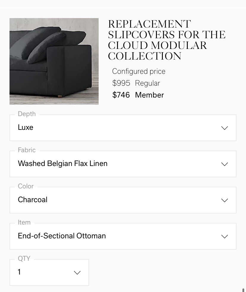 Restoration Hardware Cloud Slipcover Luxe/Ottoman Charcoal eBay