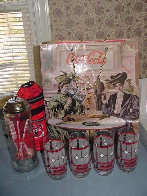 Coca Cola Straw Holder Jar 1992 4 Frosted Stained Glasses Liter Cooler Gift Bag