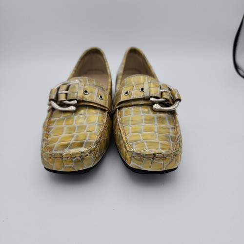 STUART WEITZMAN LOAFERS GOLD/BEIGE CROCODILE PATENT LEATHER BUCKLE SIZE 5.5 - Afbeelding 3 van 12