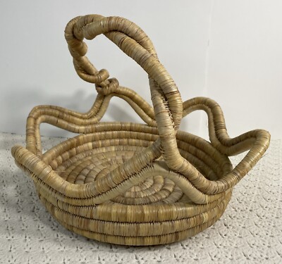 Vintage Handmade Coiled Woven  Basket With Twisted Handle Large 17 x17  X 14 T