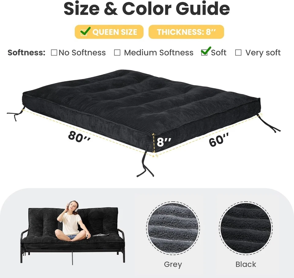 8 Inch Size Futon Mattress, Extra Thick Futon Sofa Bed Upgraded Queen Black - Image 2 of 4