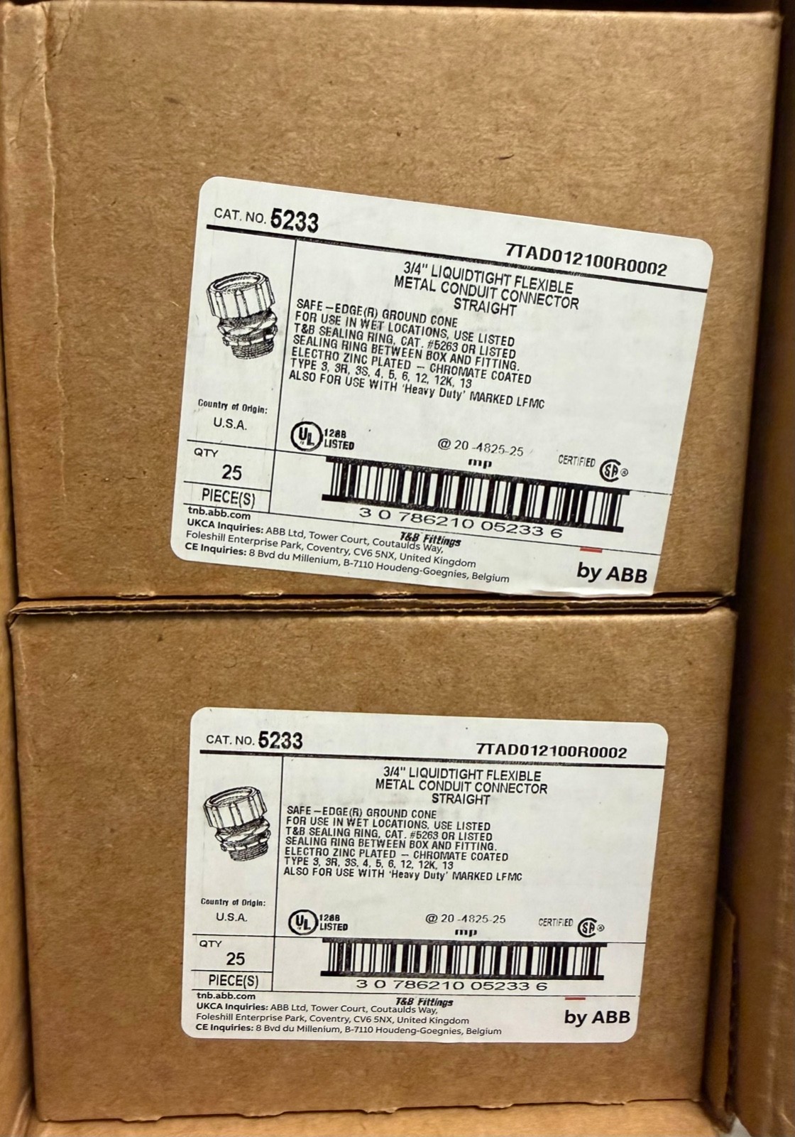 Box of 50 Thomas & Betts ABB 5233 Liquidtight Conduit Connector 3/4" Straight
