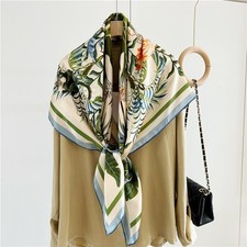 Mulberry Silk Wrap Shawl Bandanna Shawl Birds Print Square Scarf 43" Cream/Blue