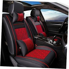 Universal PU Leather Car Seat Cover Full Set w/Pillows 5-Seats Black/ Red Mesh