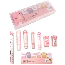 9 Pcs Cute Cat Paw Stationery Set Pencil Sharpener Eraser Correction Tape Notes