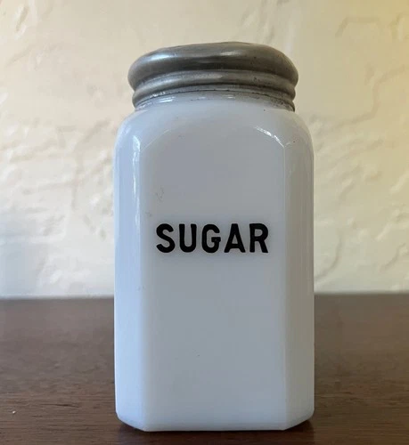 Vintage Antique Hazel Atlas Milk Glass Sugar Shaker w/ Black Block Letters