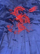 Vtg Chinese Embroidered Dragon Silky Satin Kimono Robe OS New blue red