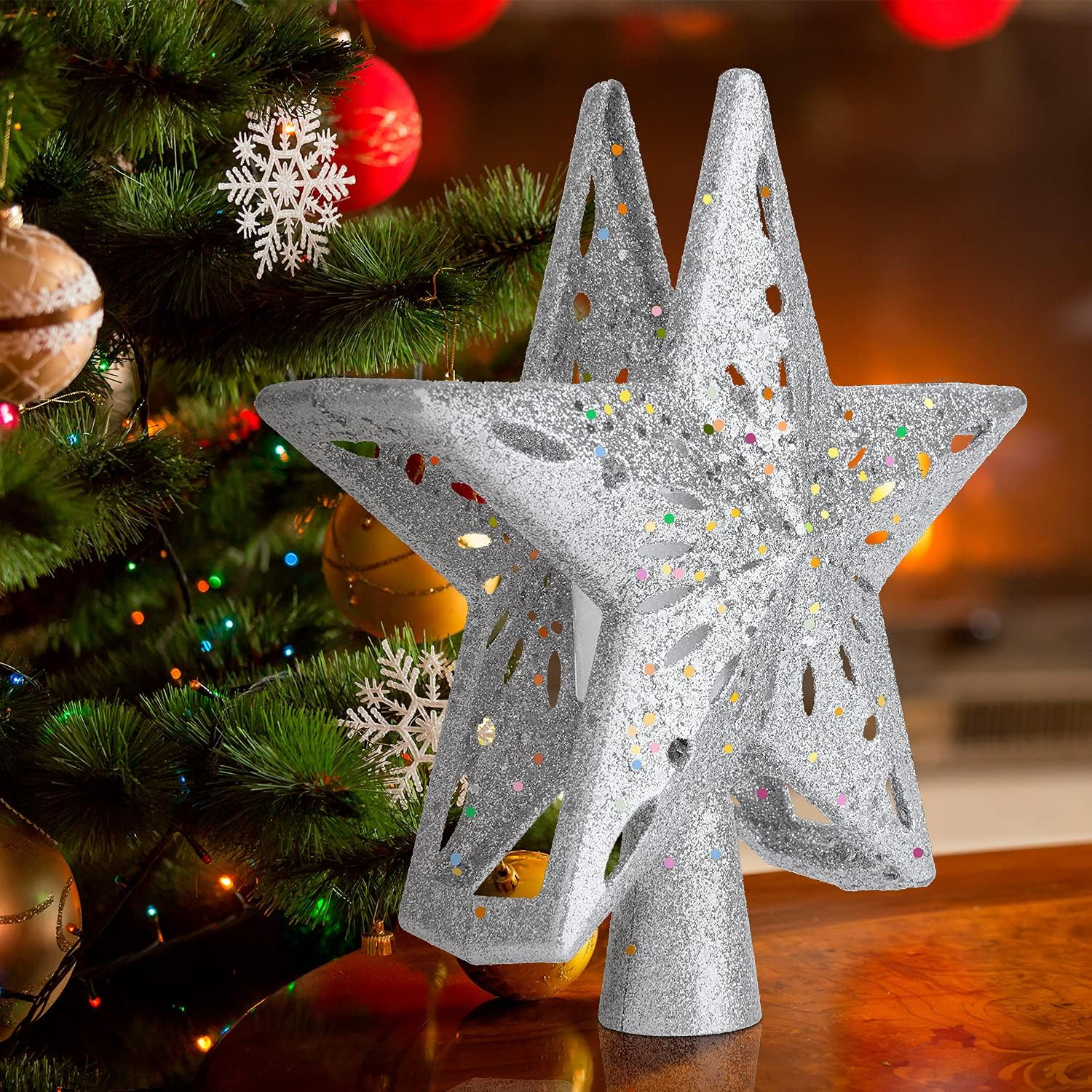 White Christmas Tree Topper Lighted with 6 Patterns Projector, 