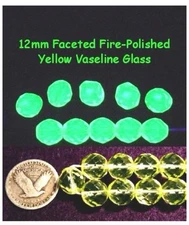 10 Pieces Czech VASELINE/URANIUM GLASS BEADS 12mm Round Faceted Fire-Polished